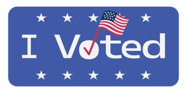 Mavi arka planda Amerikan bayrağı ve beyaz yıldızlı çıkartma istedim. Oylama simgesi, çıkartma, rozet ya da işaret seti. Oylama, başkanlık kampanyası konsepti. Amerikan seçim tasarım unsuru. Vektör illüstrasyonu.