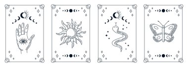 Tarot kartları koleksiyonu, özet çizgisi beyaz arka planda sihirli elementler. El ve göz, güneş, yılan ve sihirli kelebekli esrarengiz mistik güverte. Vektör tasarım şablonu, boho biçimi.