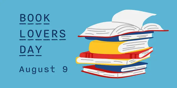 Kitap Aşıkları Günü yatay afişi. Kitap destesiyle çizilmiş düz çizim vektörü. Arkaplan, afiş, kart, metin yazımlı poster şablonu