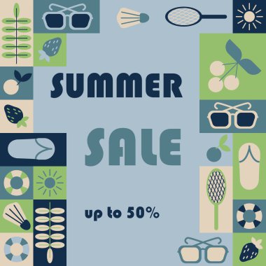 Geometrik tarzda yaz indirimli kare afiş. Basit geometrik şekillerdeki tatil elementleri, vektör düz tarzı. Reklam ve ticaret için iyi.