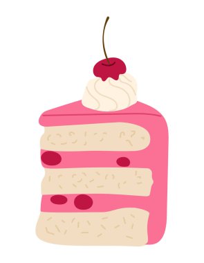 Kirazlı ve çırpılmış kremalı lezzetli bir pasta. Beyaz arka planda izole edilmiş vektör düz doğum günü çizimleri. Dekorasyon, çıkartma ve logo için iyi. Doğum günü kavramı