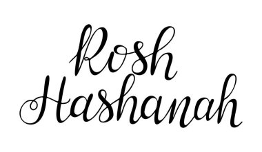 El yazısı metni Rosh Hashanah. Bayram afişi için tebrik kartı şablonu, kartpostal, tebrik kartı. Siyah vektör harfleri beyaz arkaplanda izole edildi