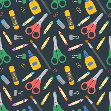 Düz makaslı kusursuz desen, pastel boya, ipucu, silgi, boya fırçası ve ataç. Geleneksel sanatsal ya da çocuk malzemeleri, yaratıcı hobi aksesuarları. Koyu arkaplanda vektör illüstrasyonu