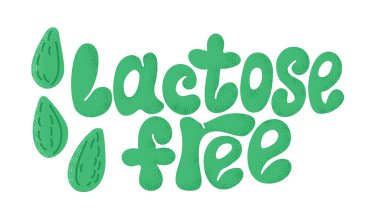 Sağlıklı beslenme sloganı Laktoz, aktif yaşam konsepti için bedava. Beyaz arkaplanda noktalı dokusu olan yeşil renklerde vektör yatay tipografik illüstrasyon. Marullu yeşil yapraklar.