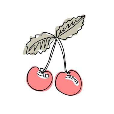 Boho tarzında vişne çileği çizimi. Botanik tek çizgi renkli sebze retro çizimi. Beyaz arkaplanda izole edilmiş Contour satır ana hatları.