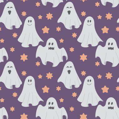 Elle çizilmiş kusursuz desenli şirin hayaletler ve düz bir şekilde yıldızlar. Farklı yüz ifadeleri olan karakterlerin komik tekstil ya da paket tasarımı.