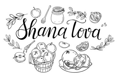 Shana Tova kaligrafi harfleriyle Yahudi bayramı karalaması. Rosh Hashanah ile ilişkili öğelerle tek renkli vektör konturu izole edilmiş