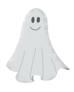 Düz, komik el desenli, grunge desenli bir hayalet. Cadılar Bayramı için beyaz arka planda izole edilmiş korkunç bir tasarım. Gülümseyen sevimli bir hayalet.