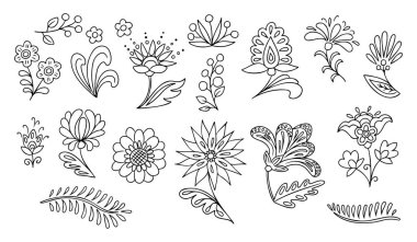 Fantezi çiçekleri ve yapraklarla hazırlanmış halk karalaması. Tek renkli botanik etiketleri Meksika usulü yapıştırılmış. Beyaz arkaplanda izole edilmiş çizimlerin vektör clipart 'ı