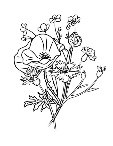 Yabani çiçekler karalama buketini şekillendirir. Tek renkli, mevsimlik botanik etiketli, haşhaş, düğün çiçeği ve mısır çiçekli. Beyaz arkaplanda izole edilmiş çizimlerin vektör clipart 'ı