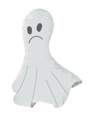 Düz, üzgün el çizimi, grunge desenli bir hayalet. Cadılar Bayramı için beyaz arka planda izole edilmiş korkunç bir tasarım. Şirin hayalet çizimi.