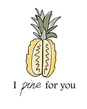 Sevimli vejetaryen kompozisyonu ananas çizimi ile boho stili ve senin için özlem duyduğum metin. T-shirt, kupa ve posterler için beyaz arkaplanda izole edilmiş botanik taslak grafiksel baskı