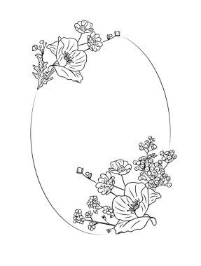 Çiçekli tebrik kartı şablonu yaban çiçekleri. Tek renkli botanik kontur dikey düğün davetiyesi. Beyaz arkaplanda izole edilmiş vektör buketleri