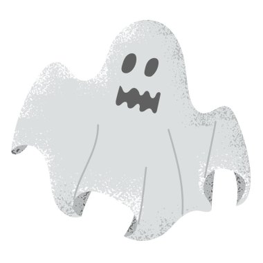 Düz elli, grunge desenli bir hayalet. Cadılar Bayramı için korkunç kurgu karakter tasarımı beyaz arka planda izole edilmiş. Şirin hayalet çizimi.