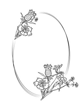 Tebrik kartı çiçek şablonu ve çizim yaban çiçekleri. Tek renkli botanik çevre dikey tebrik kartı. Beyaz arkaplanda elips şeklinde izole edilmiş vektör buketleri