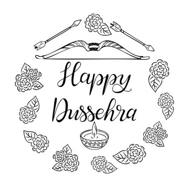 Mutlu Dussehra kaligrafik metin ile Dussehra tatil karalama seti. Beyaz arka planda izole edilmiş ok ve yay içeren tek renkli hatlar. Hint tatiliyle ilgili eskiz çizimi