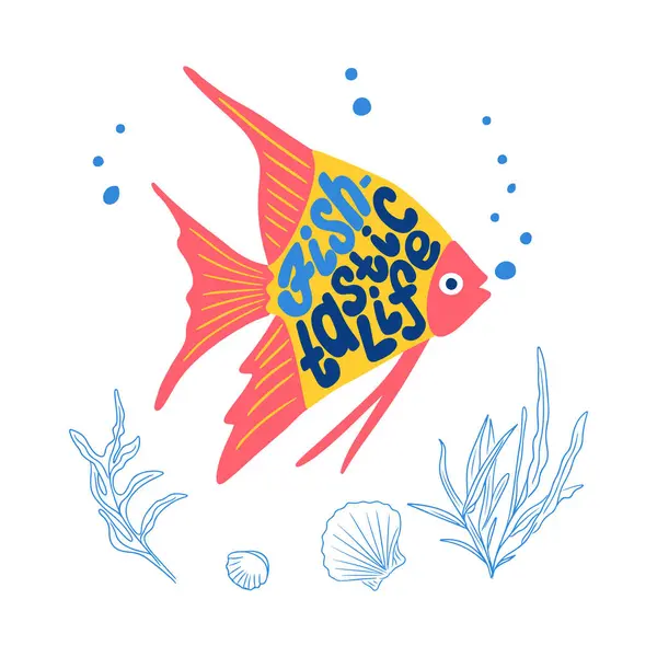 Deniz yaşamı, balıklar ve deniz yosunları ile birlikte düz stil harflerle çizilmiş. Olumlu slogan Fish 'in beyaz arka planda balık şeklinde tastik hayatı. Kelime çalma bileşimi.
