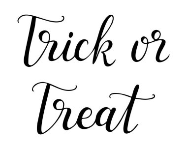 El yazısı metni şaka mı şeker mi. Cadılar Bayramı afişi için tebrik kartı şablonu, kartpostal, tebrik kartı. Siyah vektör harfleri beyaz arkaplanda izole edildi