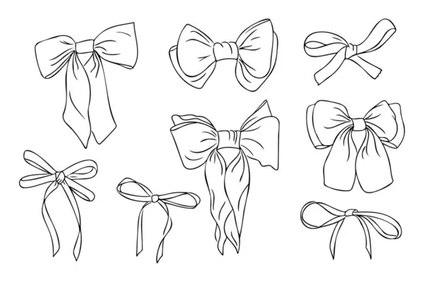 Saçlar ve giysiler için fiyonk ve çizim seti. Tek renkli güzellik, zarif kadınlar ve kızlar için çıkartmalar çizer. Beyaz arkaplanda izole edilmiş kabataslak çizimlerin vektör ögesi