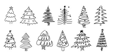 Kış siyahı çizgileri, Noel ağaçlarıyla çizilmiş. Monokrom renkli çıkartmalar var. Beyaz arkaplanda izole edilmiş kabataslak çizimlerin vektör ögesi