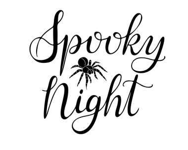 Örümcekle el çizimi kaligrafik metin gecesi. Cadılar Bayramı afişi için tebrik kartı şablonu, kartpostal, tebrik kartı. Siyah vektör harfleri beyaz arkaplanda izole edildi