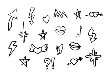 Graffiti el yazısı, kalpler, öpücükler, yıldızlar ve oklarla çizilmiş elementler. Boyalı efektle yapılmış vektör illüstrasyonu. Retro y2k biçim koleksiyonu beyaz arkaplanda izole edildi