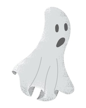 Ürkmüş ve ürkmüş tatlı bir hayalet. Cadılar Bayramı için beyaz arka planda izole edilmiş el çizimi karakter tasarımı. Dekorasyon ve çıkartmalar için iyidir.