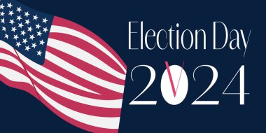 ABD Seçim Günü 2024 Amerikan bayrağıyla. Başkanlık kampanyası konsepti. Yatay arkaplan şablonu, afiş, kart, koyu arkaplan üzerinde metin olan poster