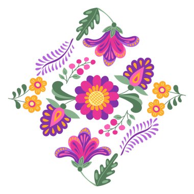 Geleneksel Meksika halk müziği. Fantezi çiçekleri ve parlak renkli yapraklarla bestelenmiş. Dia de los Muertos tatil illüstrasyonu kare şeklinde beyaz arkaplanda izole edildi