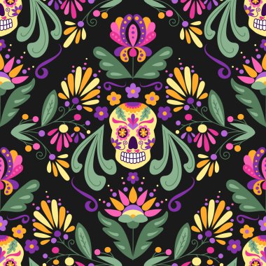 Dia de los Muertos tatili için Meksikalı cesur ve kusursuz bir model. Fantezi çiçekleri, yaprakları ve parlak renkli kafatasıyla aynalı kompozisyon. Siyah arkaplanda vektör illüstrasyonu