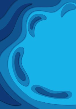 Okyanus suyu soyut kromatik arkaplan ve kağıt kesme tekniğinde eğri çizgiler. Renkli oyma sanatı. Kopyalama alanı olan vektör dikey afişi.