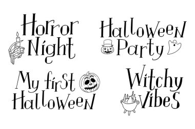 Cadılar Bayramı tebrik kartları için el yazması siyah harfler. Sonbahar tatili afişi için bir şablon, kartpostal. Siyah vektör harfleri beyaz arkaplanda izole edilmiş karalama ürkütücü elementler