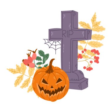 Cadılar Bayramı botanik ve elle çizilmiş elementlerle ürkütücü bir klişe. Fener, mezar, örümcek ağı, sonbahar yaprakları ve böğürtlen. Cadılar Bayramı için şirin tasarım beyaz arka planda izole