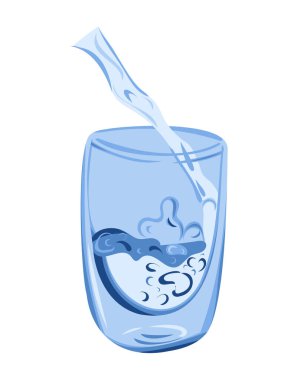 Dalgalarla dolu bardaklara su dökülüyor ve düz elle çizilmiş gibi sıçrıyor. Su ya da boya damlaları. Vektör illüstrasyonu beyaz arkaplanda izole edildi