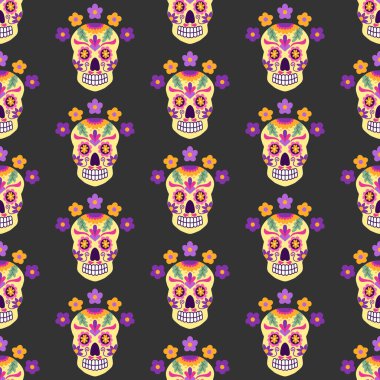 Dia de los Muertos tatili için Meksika usulü kusursuz bir model. Siyah arka planda parlak renkli bir kafatası. Tekstil ve duvar kağıdı için vektör illüstrasyonu