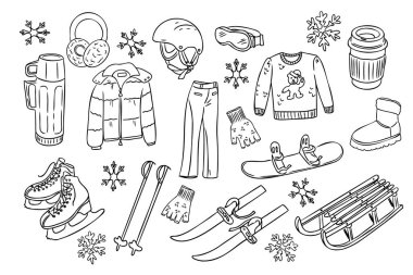 Kış sporu el çizimi seti. Snowboard, kış kestanesi, kask, kayak, kızak ve patenler beyaz arka planda izole edilmiş. Renkli sayfalar ve çıkartmalar için kış mevsimi için hoş eşyalar.