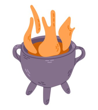 Cadılar Bayramı cadısı, kaynayan iksirle kazan çizmiş. Cadılar Bayramı için beyaz arka planda izole edilmiş şirin bir vektör tasarımı. Sonbahar tatili için mistik tasarım.