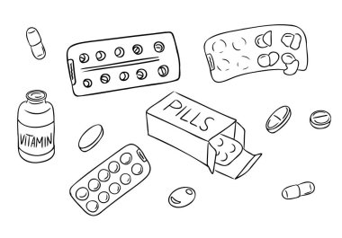 Karalama el haplar ve kabarcıklar çizildi. Beyaz arka planda izole edilmiş haplar, yamalar, vitaminler. Sağlık hizmetleri ve boyama sayfaları ve çıkartmalar için tedavi