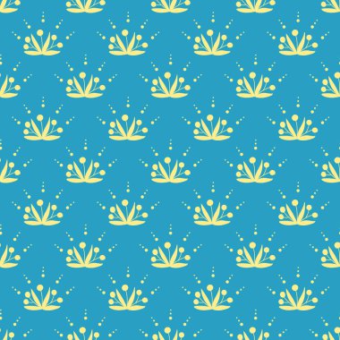 Mavi arka planda simetrik botanik motifleri olan kusursuz çiçek desenli geleneksel dekoratif aksanlı noktalı aksanlar. Tekstil ve duvar kağıdı için vektör illüstrasyonu