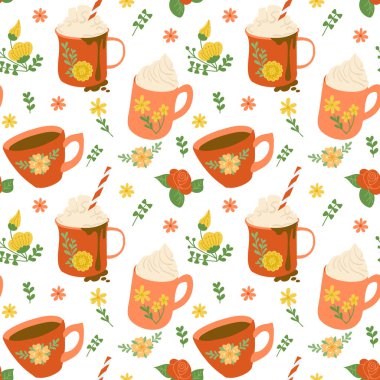 Çiçeksiz çay fincanları ve çırpılmış kremalı kupalar. Etrafı çiçeklerle ve beyaz arka planda izole edilmiş yapraklarla çevrili. Tekstil, kumaş ve ambalaj için vektör illüstrasyonu