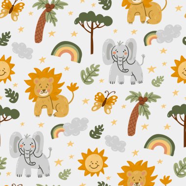 Childish seamless pattern with safari animals and botany elements. Lion, elephants, palm, butterfly on light background. Vector hand drawn pattern illustration for new born fabrics and textile clipart