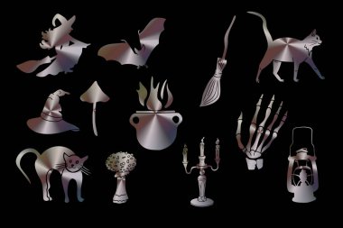 Cadılar Bayramı cadıları, yarasalar, kara kediler, iskelet eller, kazan, süpürge sopası, mantarlar ve koyu arkaplanda mumlar olan holografik simgeler.
