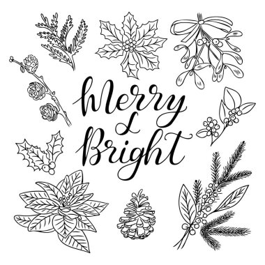 İçinde kaligrafi metni Merry ve Bright olan Noel çiçekli karalama kartı. Kışın beyaz arka planda çiçekler, dallar ve böğürtlenler çizildi. Boyama sayfaları ve çıkartmalar için Noel süslemesi