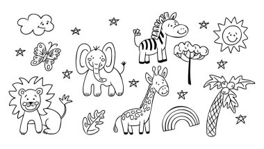 Safari hayvanları karalama setiyle botanik elementleri oluştururlar. Beyaz arka planda izole edilmiş aslan, fil, zebra ve zürafa. Boyama sayfaları ve çıkartmalar için çocukça dekorasyon
