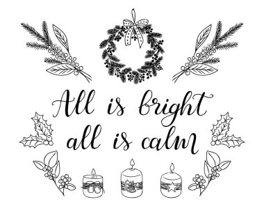 Noel ana hatlarıyla çizilmiş el yazısı olan tebrik kartı. El yapımı mumlar ve beyaz arka planda izole edilmiş Noel süslemeleri. Boyama sayfaları ve çıkartmalar için Noel için doğal eşyalar