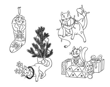 Funny contour doodle cats with Christmas tree and decorations. Vector hand drawn lights, gifts, sock and cats isolated on white background. Childish composition for coloring pages, stickers clipart