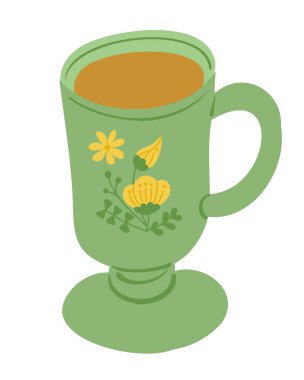 Çiçek desenli yeşil çay fincanı çizimi içinde sıcak çay ve yüzeyinde basit botanik elementler var. Beyaz arkaplanda izole edilmiş vektör el çizimi