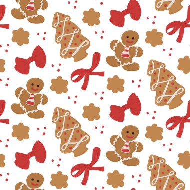 Elle çizilmiş zencefilli kurabiyelerle kusursuz Noel deseni. Beyaz arka planda kırmızı kurdeleli farklı türde tatil kurabiyeleri. Noel ambalaj kağıdı için tatil vektörü düz tasarımı