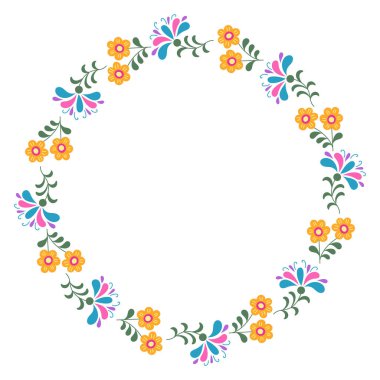 Canlı fantezi sarı, pembe, mavi çiçekler ve yeşil yapraklı renkli çiçek desenli çelenk çizimi, Meksika halk sanatından esinlenilmiş, festival ve dekoratif temalar için mükemmel.