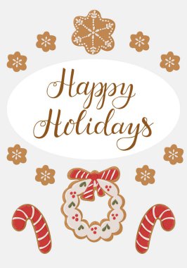 Üzerinde el yazısı olan Noel tebrik kartı. Mutlu tatiller. Etrafı değişik şekillerde zencefilli kurabiyelerle çevrili. Vektör dikey pankartı